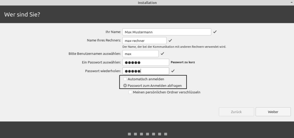 Linux Mint installieren - Persönliche Daten